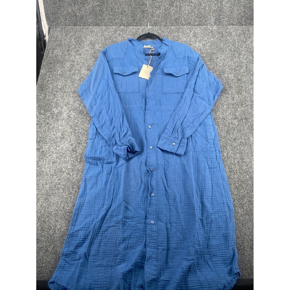 Easel Gauze Maxi Shirt Dress Womens Medium Blue Long Sleeve Snap Front Boho New